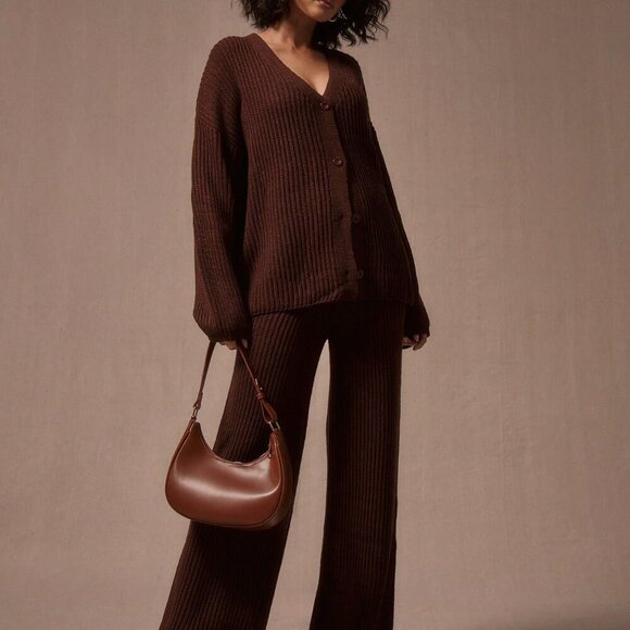 Chocolate Brown Casual Women's Wide Leg Chunky Knit Sweater Trousers - Picture 1 of 5